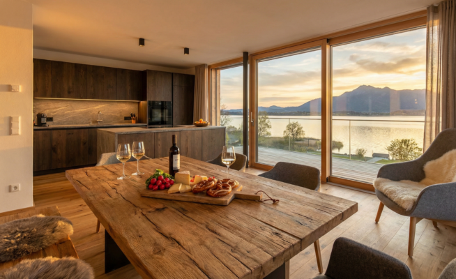 Innenaufnahme eines luxuriösen, modernen Essbereichs mit offener Küche bei Sonnenuntergang. Im Zentrum steht ein großer, rustikaler Holztisch, gedeckt mit einer bayerischen Brotzeitplatte (Brezeln, Käse, Radieschen), einer Weinflasche und Gläsern. Bodentiefe Panoramafenster und eine Schiebetür geben den Blick frei auf einen See, eine Uferlandschaft und eine Bergkette im warmen Abendlicht. Rechts am Fenster steht ein grauer Sessel mit einem hellen Fellwurf.