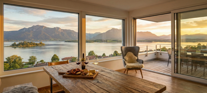 Ein weites Panoramafoto aus einem modernen Apartment, das durch große Fenster und eine geöffnete Schiebetür einen umfassenden Blick auf den Chiemsee und die Alpen bei Sonnenuntergang bietet. Ein rustikaler Holztisch mit einer Brotzeitplatte und Wein steht im Vordergrund, ein Sessel mit Fell befindet sich neben der Balkontür. Der See mit Inseln und Bergen dominiert die Szenerie.