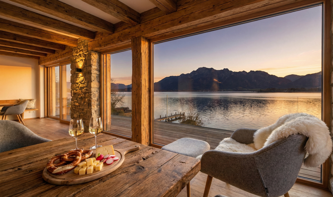 Ein detailreiches Foto eines luxuriösen Ferienapartments im alpenländischen Stil bei Sonnenuntergang. Der Blick richtet sich durch ein großes Panoramafenster auf den Chiemsee, der in goldenem Licht schimmert, mit einer markanten Bergkette im Hintergrund. Im Vordergrund steht ein massiver Holztisch mit einer Brotzeitplatte, auf der Brezeln, Käsewürfel und Radieschen angerichtet sind, sowie zwei Weißweingläsern. Ein grauer Filzsessel mit einem weißen Lammfell ist zum Fenster hin ausgerichtet. Die Einrichtung besteht aus rustikalen Holzbalken, Steinmauern und modernem Design, was eine warme und gemütliche Atmosphäre schafft.